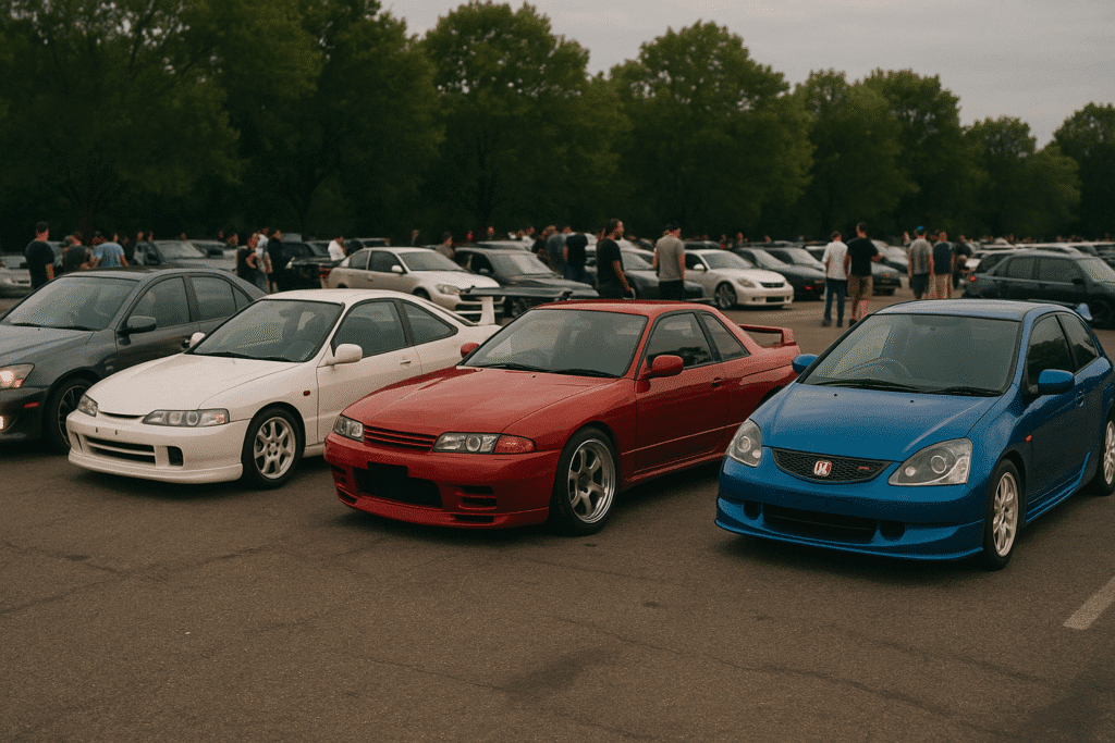 Group of car enthusiasts discussing builds