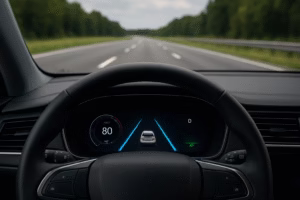 A view from the driver's seat of a modern car on an empty highway. showing the digital dashboard display with lane assist graphics, speed reading 80km/h and steering wheel in the foreground.