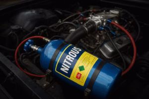 close up of a blue nitrous bottle securely mounted in a car's engine bay, with red and black hoses connected to the engine components