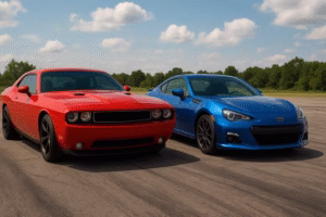 a red Dodge Challenger muscle car and a blue Subaru BRZ tuner car parked side by side on an asphalt surface under a partly cloudy sky, with trees in the background.