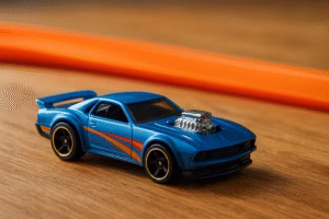 Blue colour hot wheel car, black wheels, orange hot wheel tarack.