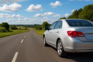 a silver sedan parked on the side of the road, surrounded by green fields and trees under a bright blue sky with scattered white clouds