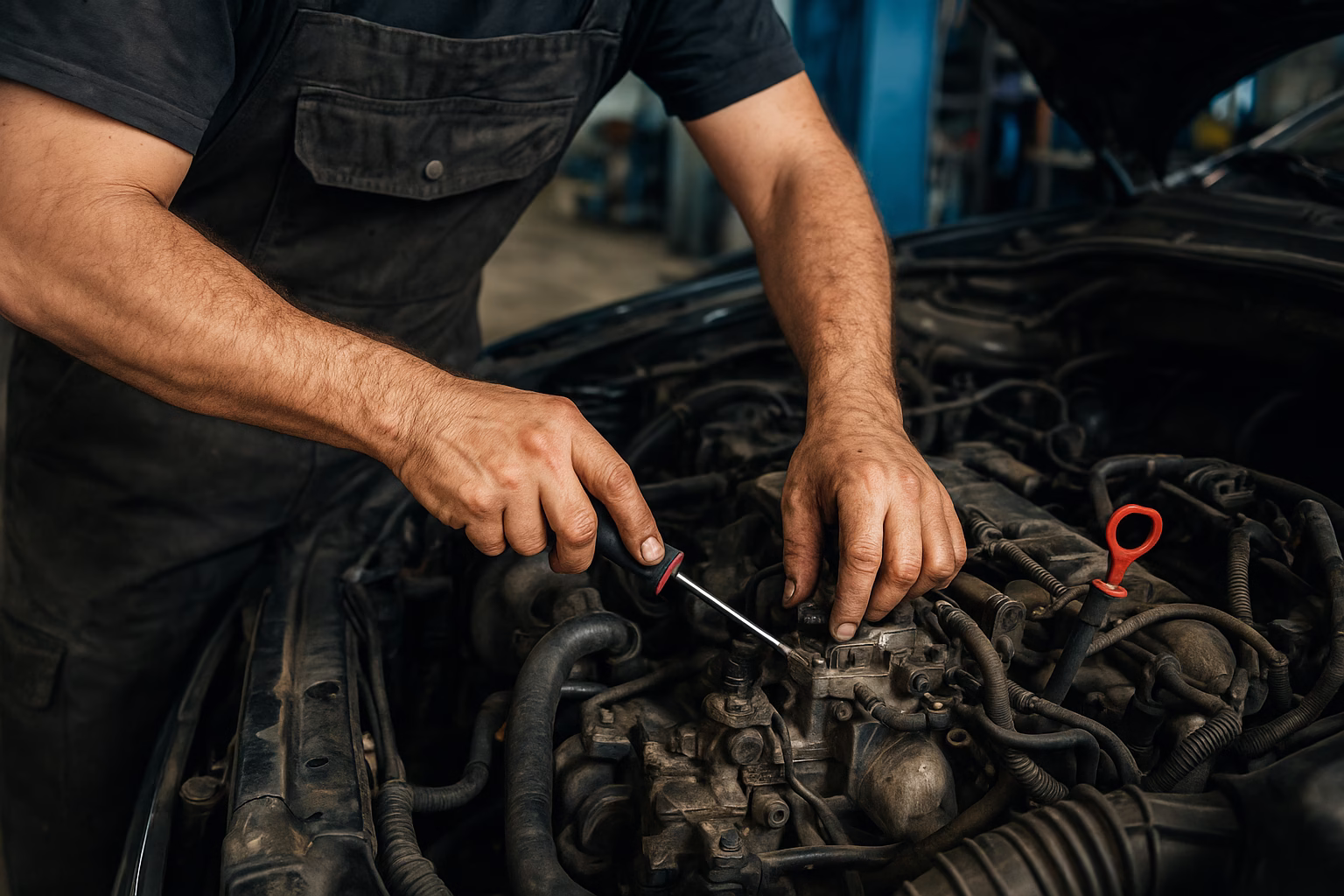 Close up of a mechanic's hand working on a car engine in a garage, using a screwdriver surrounded by engine components, horses and tools.